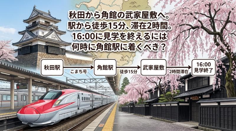 16:00に見学を終えるには何時に角館駅に着くべき？